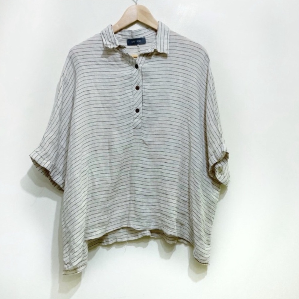 Oak + Fort Linen Striped Shortsleeve Blouse Oversized Size Medium-Large